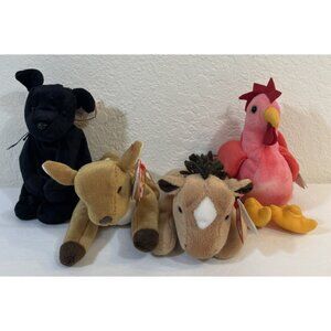 Lot of 4 Vintage Ty Beanie Babies Rooster, Dog, Deer, Horse with Tags